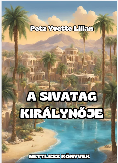 A sivatag királynője – borító, oázis körüli sivatagi várossal
