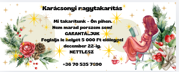 Karácsonyi nagytakarítás – Mi takarítunk, Ön pihen. Helyfoglalás 5 000 Ft előleggel, december 22-ig