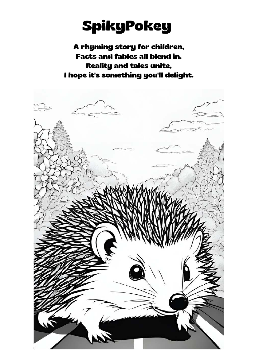 SpikyPokey coloring page — a hedgehog crossing a road, with the opening rhyme 'A rhyming story for children, facts and fables all blend in.'